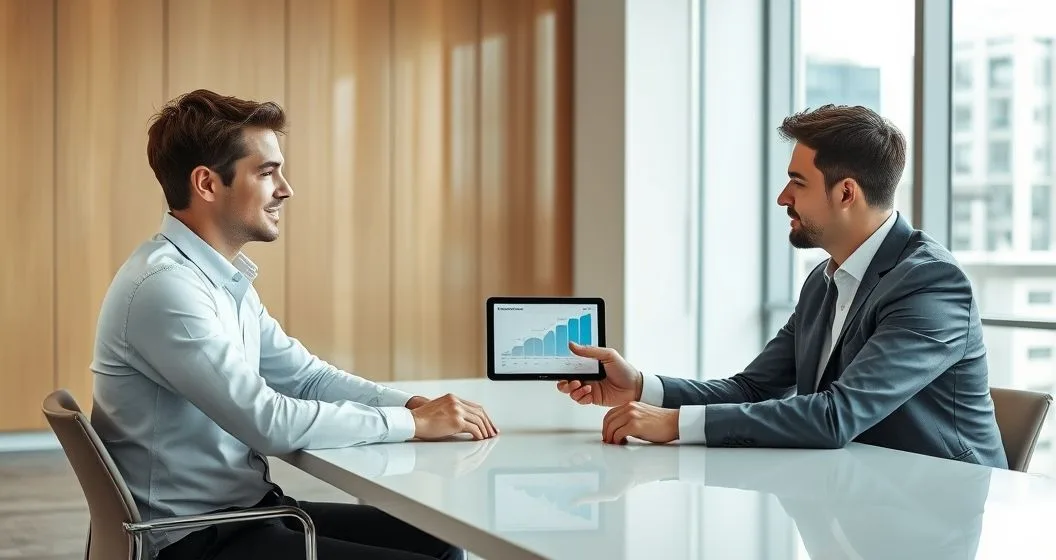 Young professional and financial advisor at a modern conference table reviewing disability insurance options on a tablet with icons for timeline and coverage slider