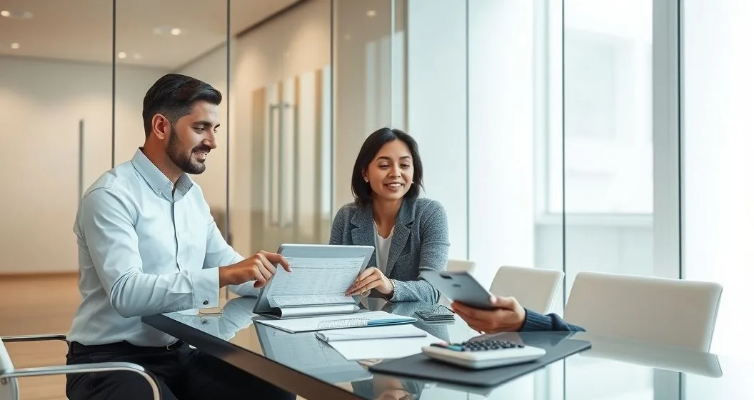 Mortgage loan officer and homeowners reviewing repayment options on a tablet in a modern bank meeting room