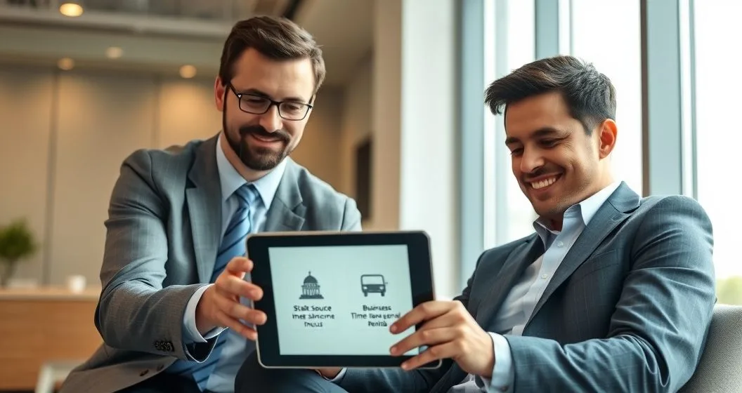 Tax advisor and client reviewing a tablet showing three icons for state source income time spent and business or rental nexus in a sleek office