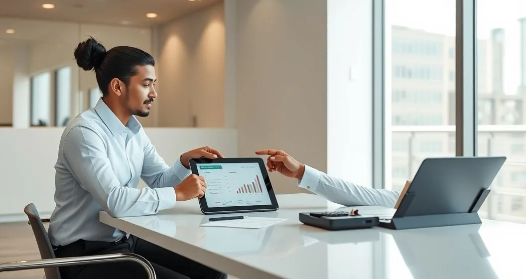Financial advisor and client review a tablet loan comparison with car keys and calculator on a modern conference table