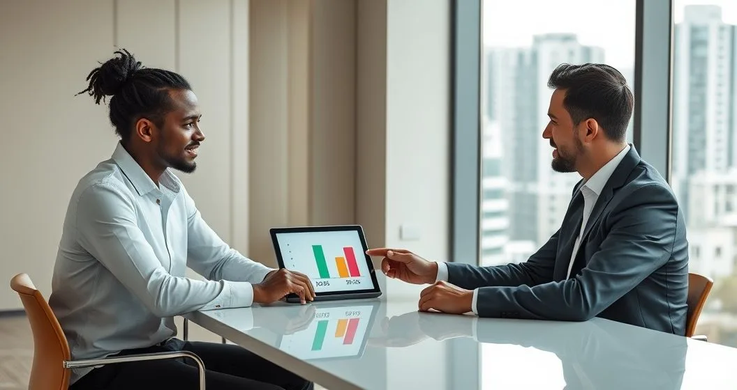 Financial advisor and client at a minimalist conference table reviewing a tablet with a bar graphic comparing old and new loan terms indicating savings