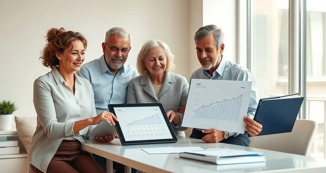 Financial planner shows a timeline on a tablet to an older couple and their adult child in a modern office.