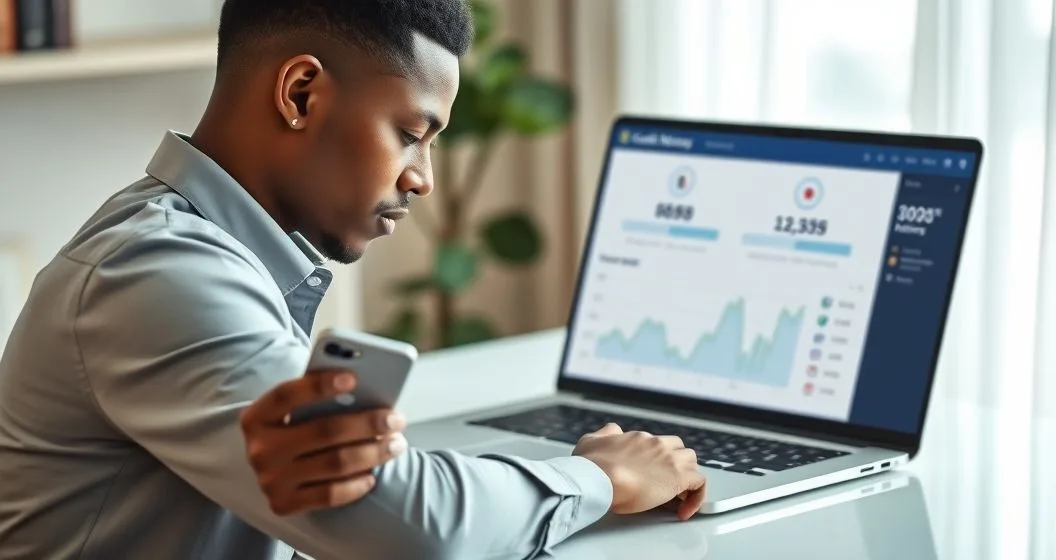 Person checking credit monitoring alert on smartphone with laptop showing blurred credit dashboard and alert icons