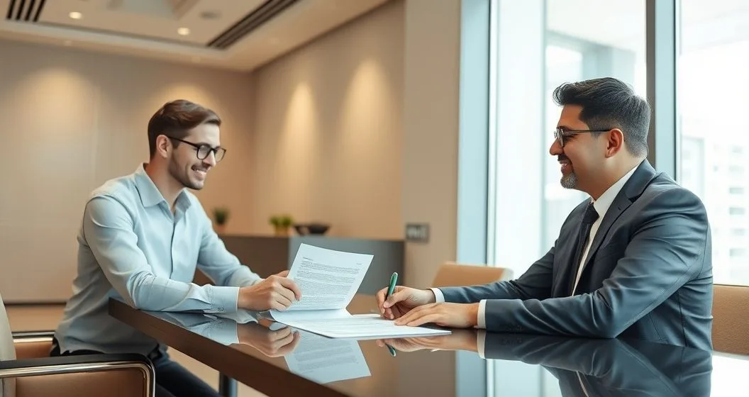 Borrower and personal guarantor signing loan documents in a modern bank conference room while a loan officer points to a clause