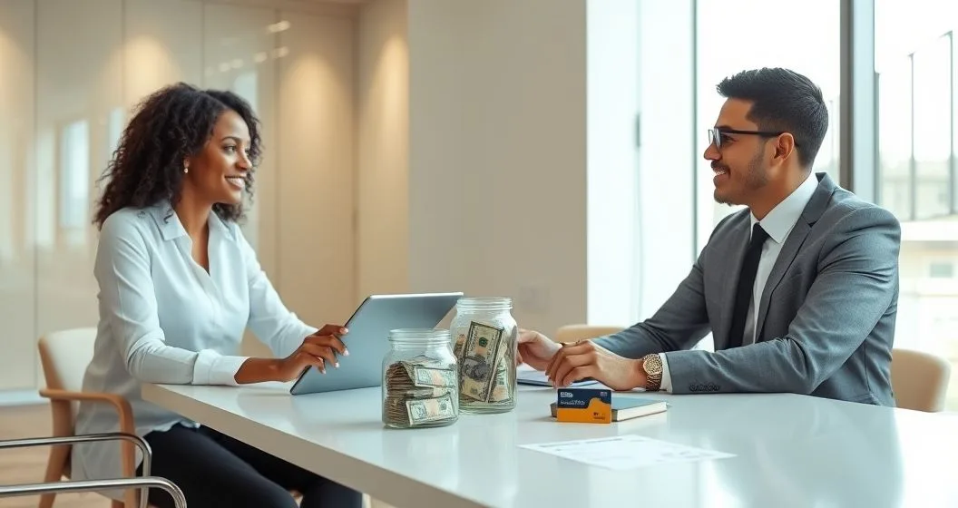 Financial advisor and client at a minimalist table with a tablet a clear jar of cash and documents representing Treasury and CD options