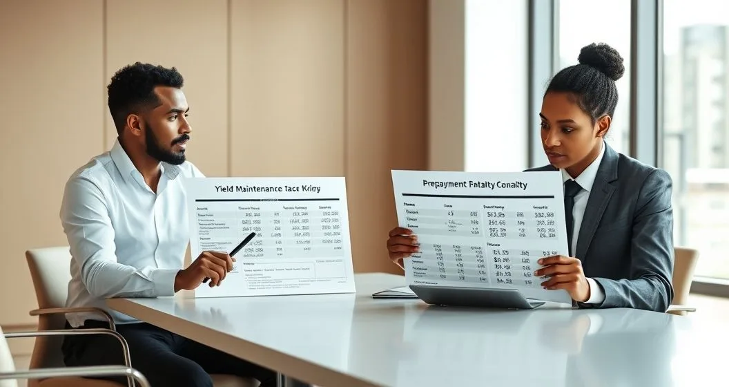 Two finance professionals at a conference table comparing documents and a tablet illustrating yield maintenance calculations and a prepayment penalty fee