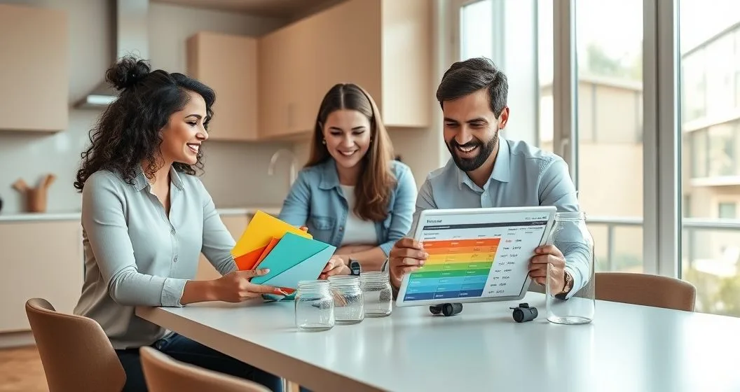 Diverse couple and advisor arranging color coded envelopes and jars while looking at a tablet showing segmented savings buckets in a modern home office