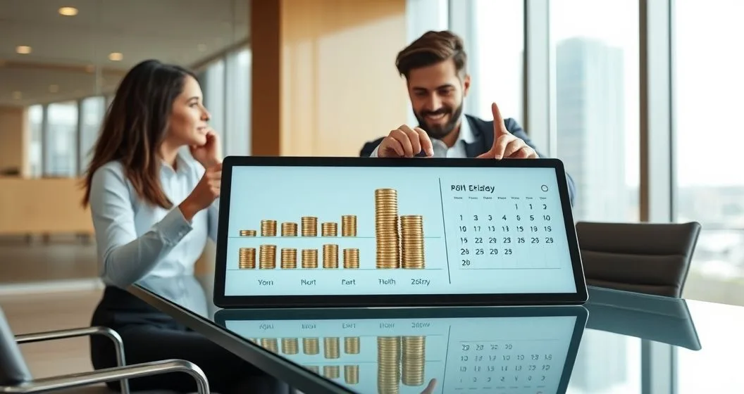 Two professionals point at a tablet showing many small coin stacks across a timeline for installment payments and a calendar with one large coin stack and a small coin for single pay