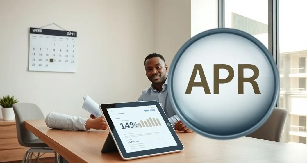 Financial advisor with client at a clean desk pointing to a short term loan receipt and a one week calendar while a tablet displays an oversized APR label being magnified.