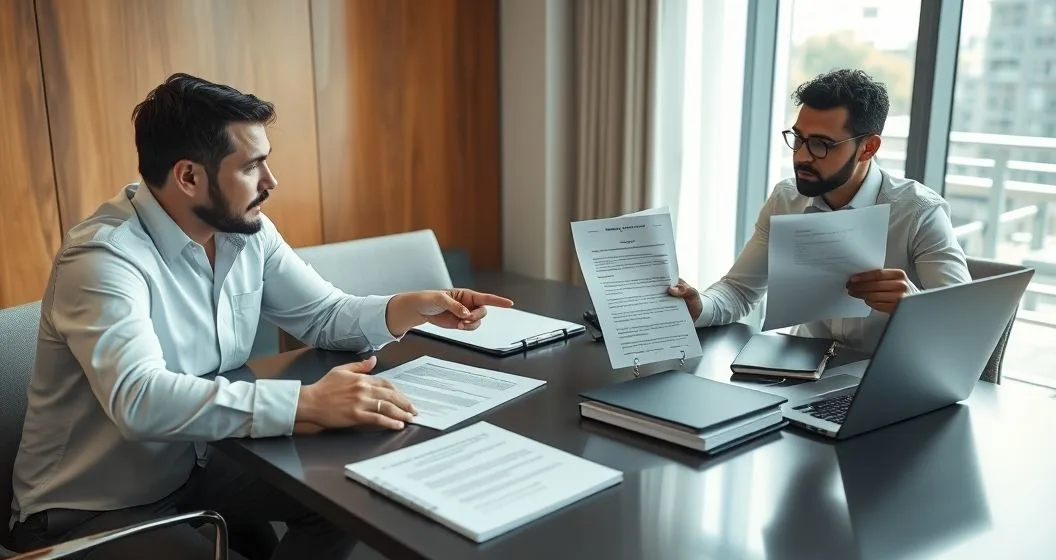 Loan officer and attorney point to a highlighted clause in a loan agreement as a diverse borrower listens in a modern conference room indicating potential loan acceleration and available options