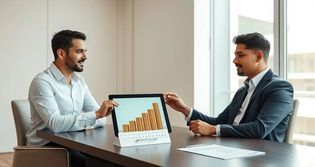 Financial advisor showing a tablet with a rising coin chart and a marked calendar to a client at a conference table to illustrate accruing tax interest and payment options