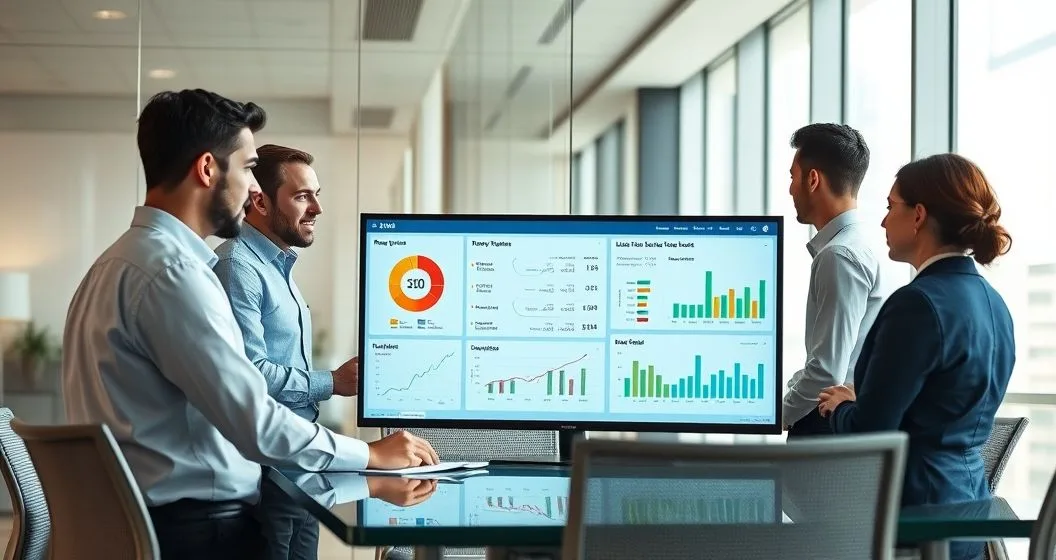 Financial analysts in a modern conference room review dashboards showing rent utility and bank cash flow data for a credit assessment.