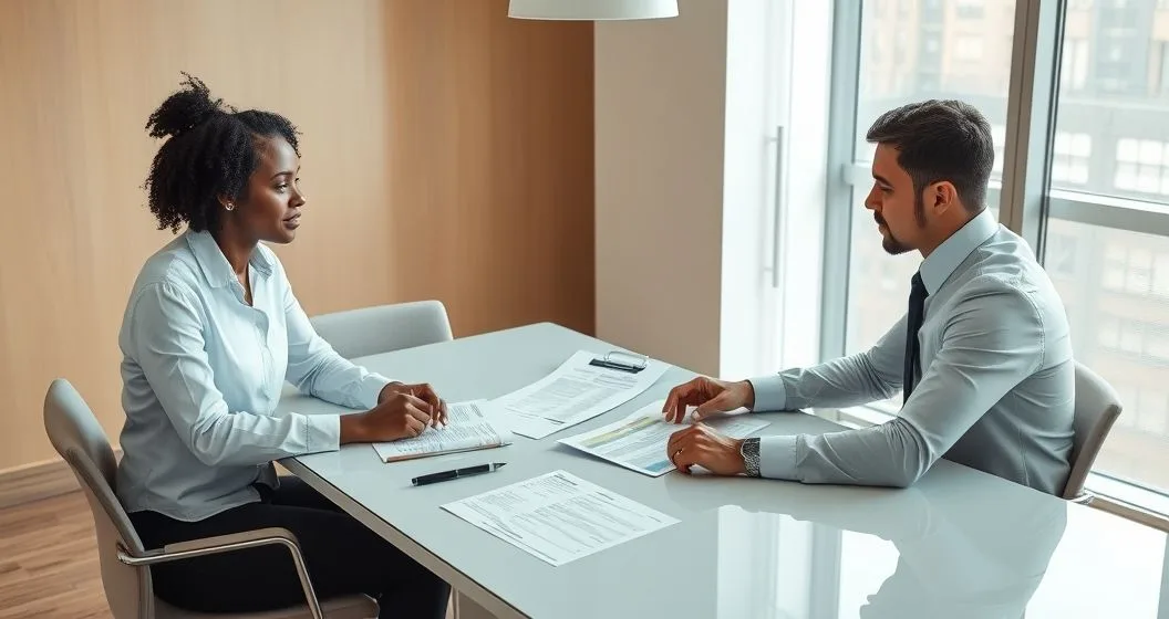 Tax advisor and client review bank statements invoices and a contract at a conference table to resolve a tax discrepancy