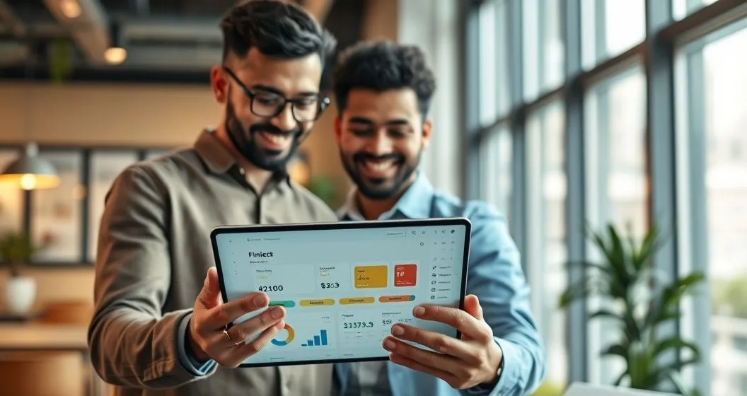 Small business owner and fintech advisor review a tablet showing loan offers and alternative data icons in a modern coworking office