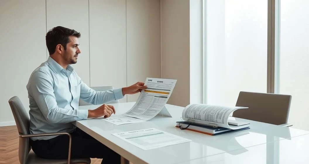 Tax advisor points to corrected amount on amended 1099 with an open Form 1040 X on a minimalist conference table.