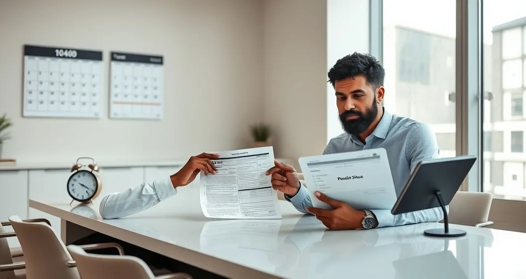 Tax advisor and client reviewing a Form 1040 X with a calendar and clock indicating delayed refund processing