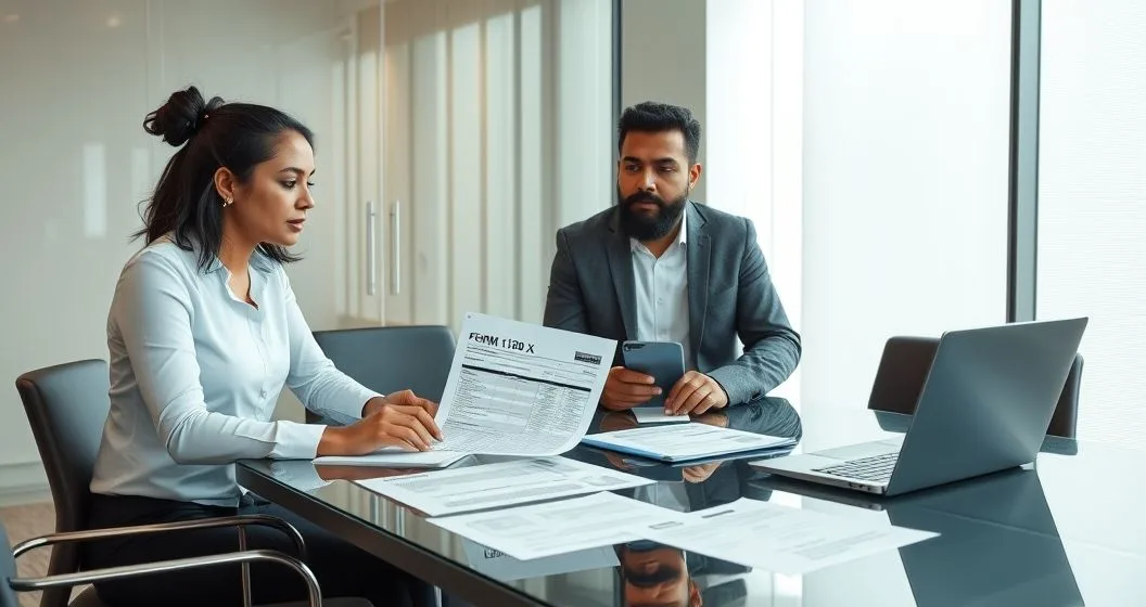 Tax advisor and corporate executive reviewing an amended Form 1120 X with revised schedules and a laptop showing spreadsheets on a clean conference table