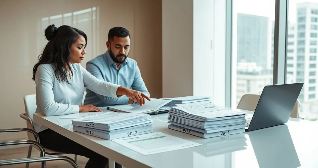 Two payroll professionals review yearly folders and printed 941-X and W-2c forms at a conference table with a laptop and calendar, preparing corrections across multiple years