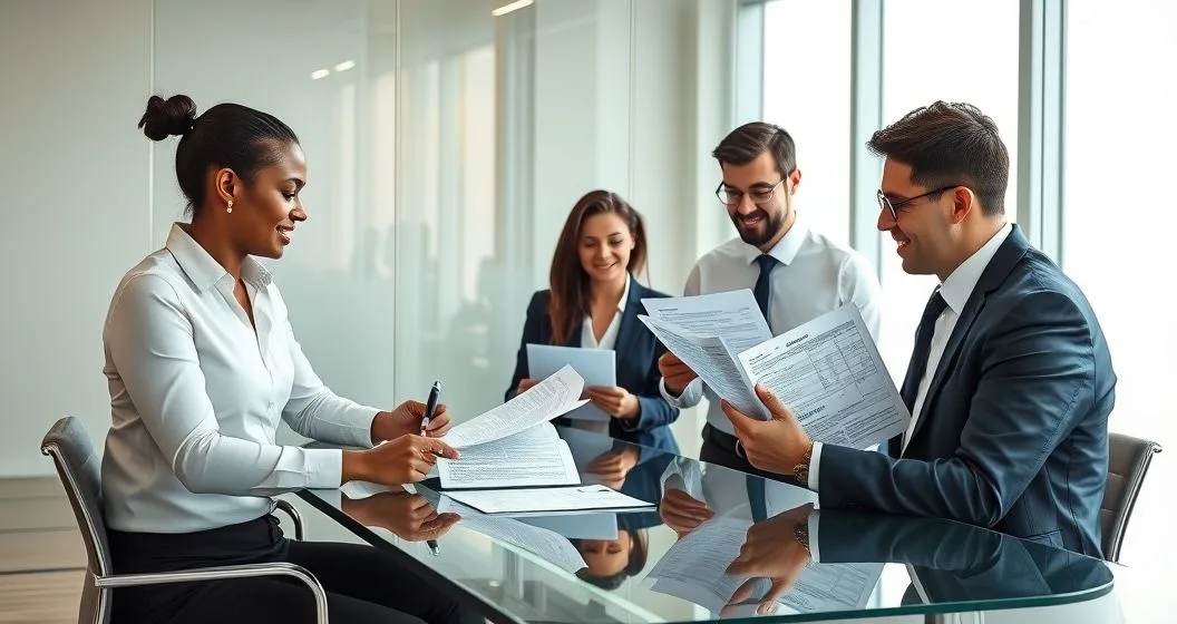 A tax advisor and business clients review and sign corrected corporate and partnership tax forms including a Form 1120-X and corrected K-1s at a conference table