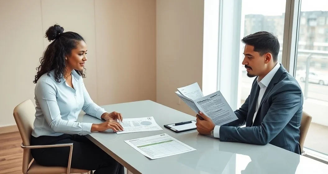 Tax advisor and clients reviewing Form 1040 X and dependent documents at a clean conference table in a modern office