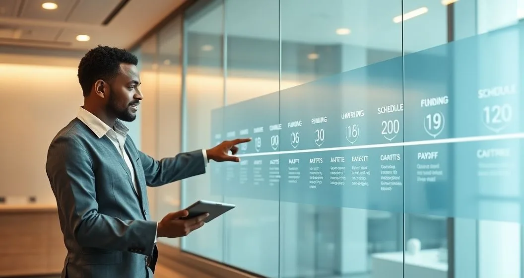 Loan officer and client review a digital timeline showing loan stages while client signs a tablet in a modern conference room