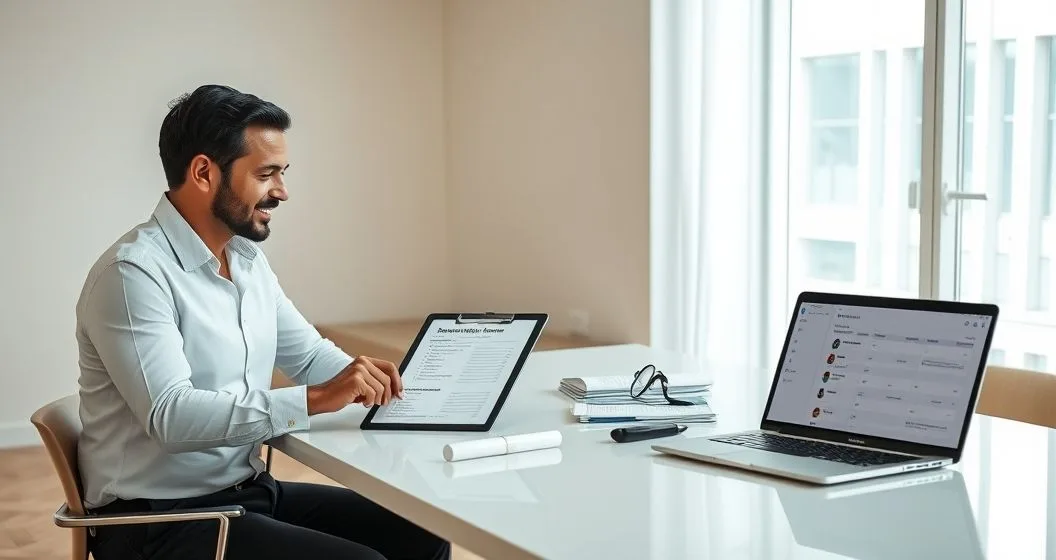 Financial advisor and diverse clients reviewing a checklist on a clipboard and tablet at a modern conference table with laptop and icons for budget savings investments insurance and taxes