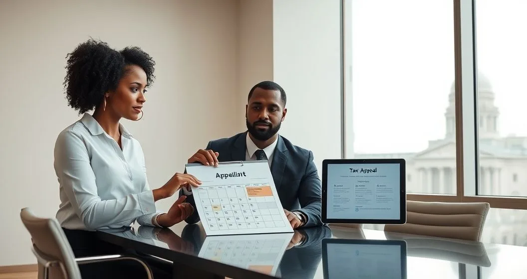 Tax attorney and client at a modern conference table reviewing an appeal checklist, calendar with highlighted deadline, and tablet timeline with courthouse visible through window.