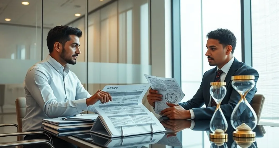 Tax attorney advising a client over a formal tax notice with a calendar and hourglass indicating a filing deadline