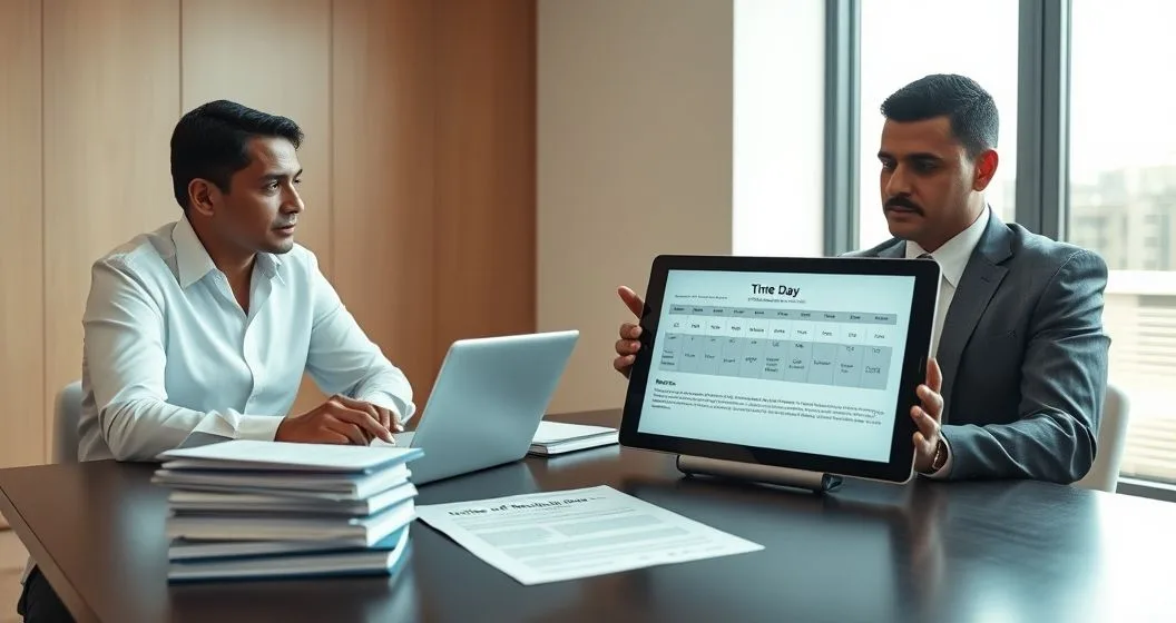Tax attorney advising a client over a formal notice and a tablet showing a ninety day timeline in a modern office