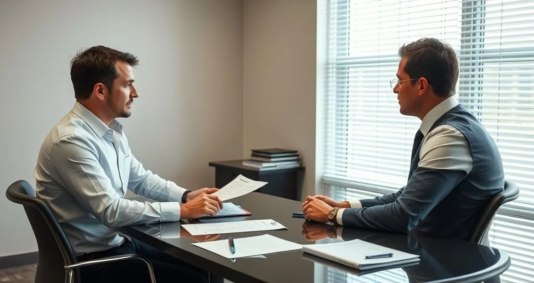 Appeals officer mediates between a taxpayer and an IRS examiner in a modern conference room reviewing documents