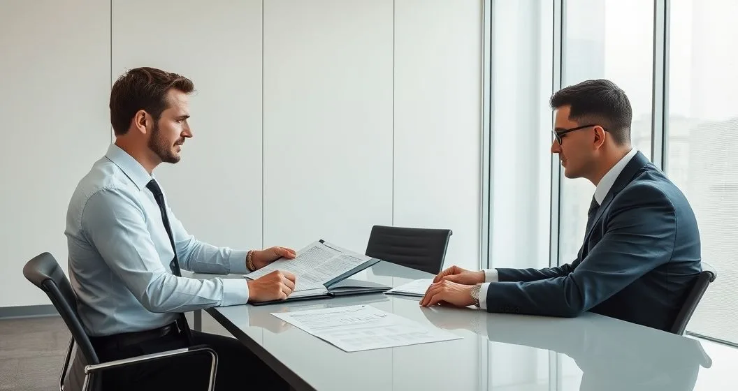 An appeals officer examines a tidy case binder while a tax attorney points to supporting documents across a conference table with a client observing