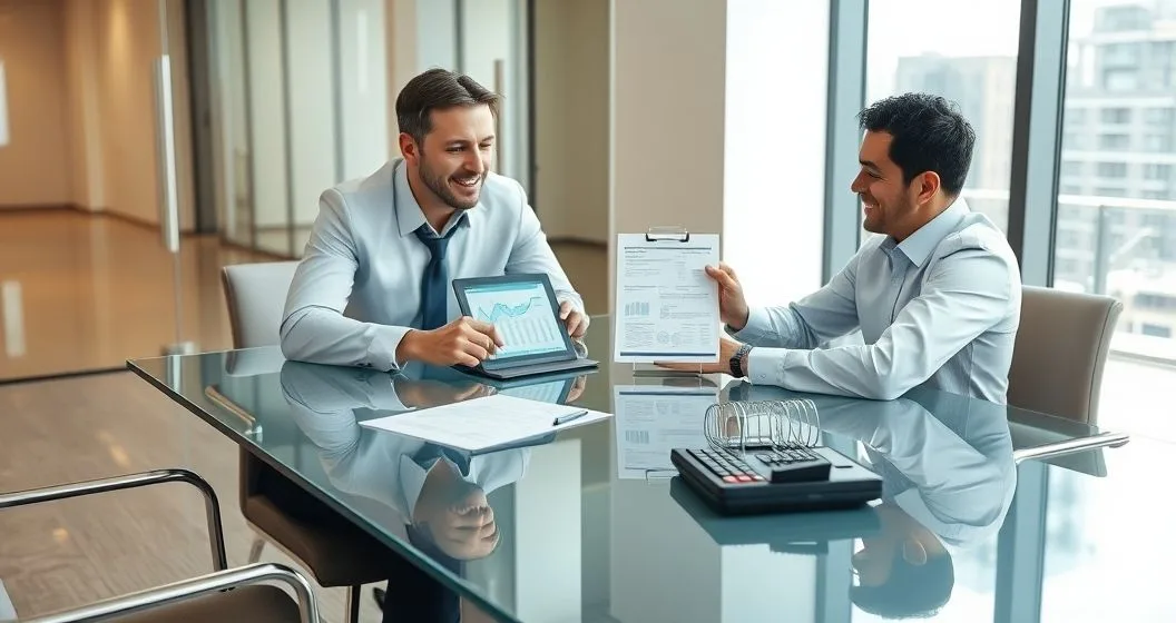 Tax advisor and client at a clean conference table reviewing financial documents on a tablet while the client signs a form with a calendar and calculator nearby.