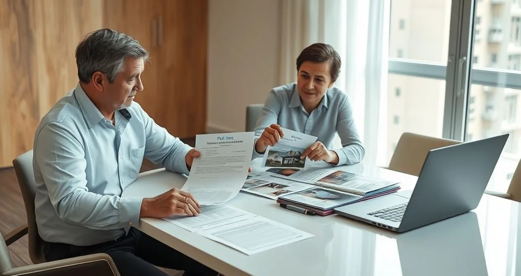 Tax advisor and homeowner assembling disaster evidence at a table with photos, insurance papers, an official declaration, and a laptop in a modern relief center