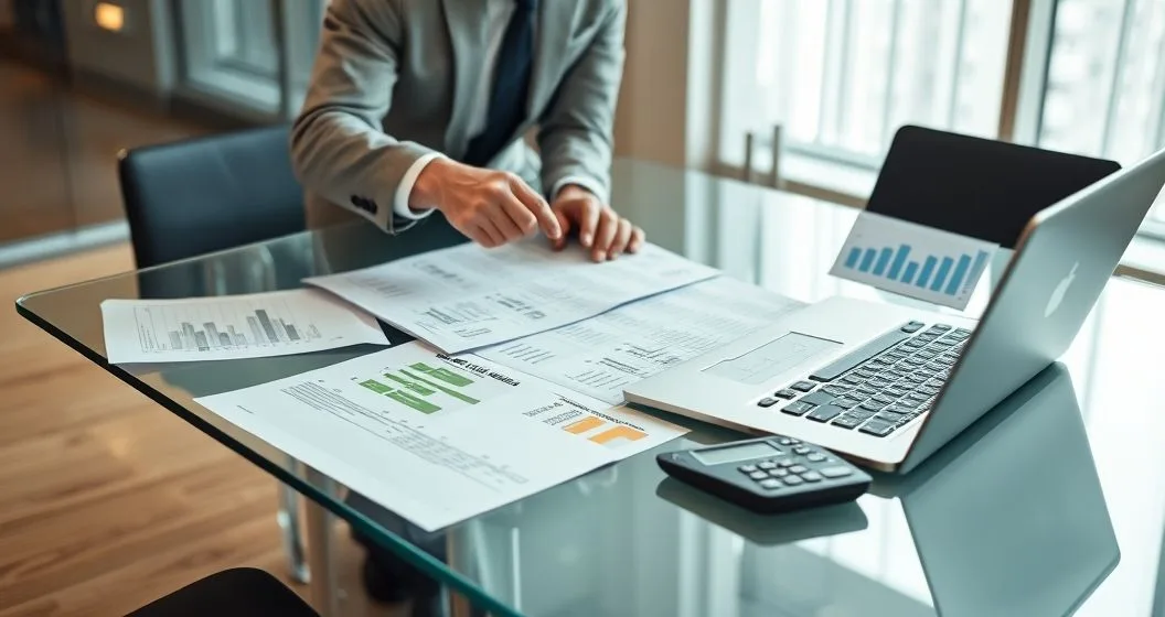 Loan officer and borrower review bank statements and a cash flow chart at a minimalist conference table