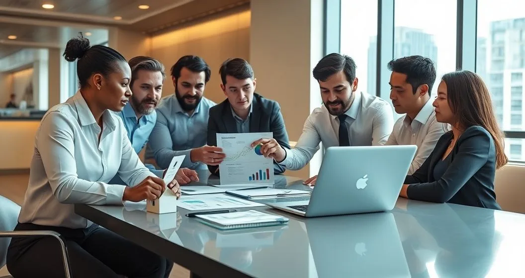 Loan officers and a borrower review charts on a tablet and laptop with a house model and car key on the table symbolizing collateral.