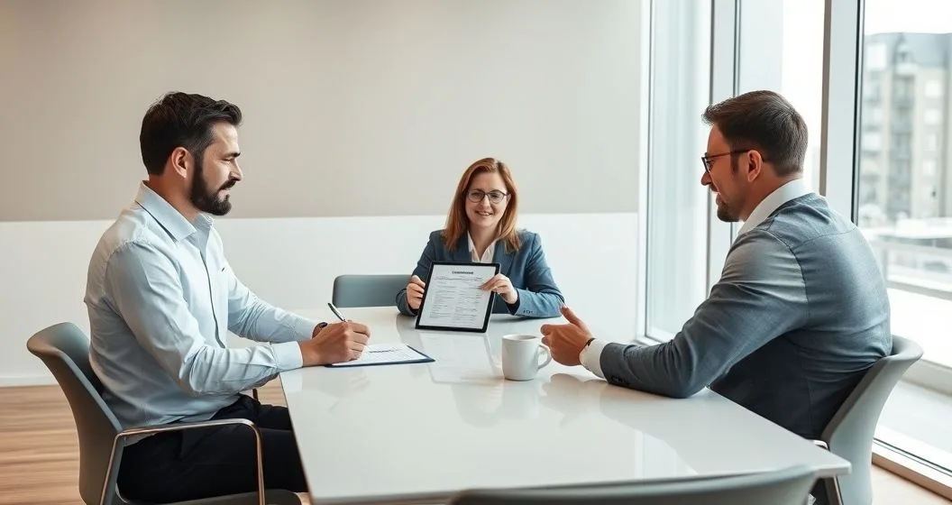 Buyer seller and loan officer at a modern conference table reviewing tablet and paperwork during an assumable mortgage meeting