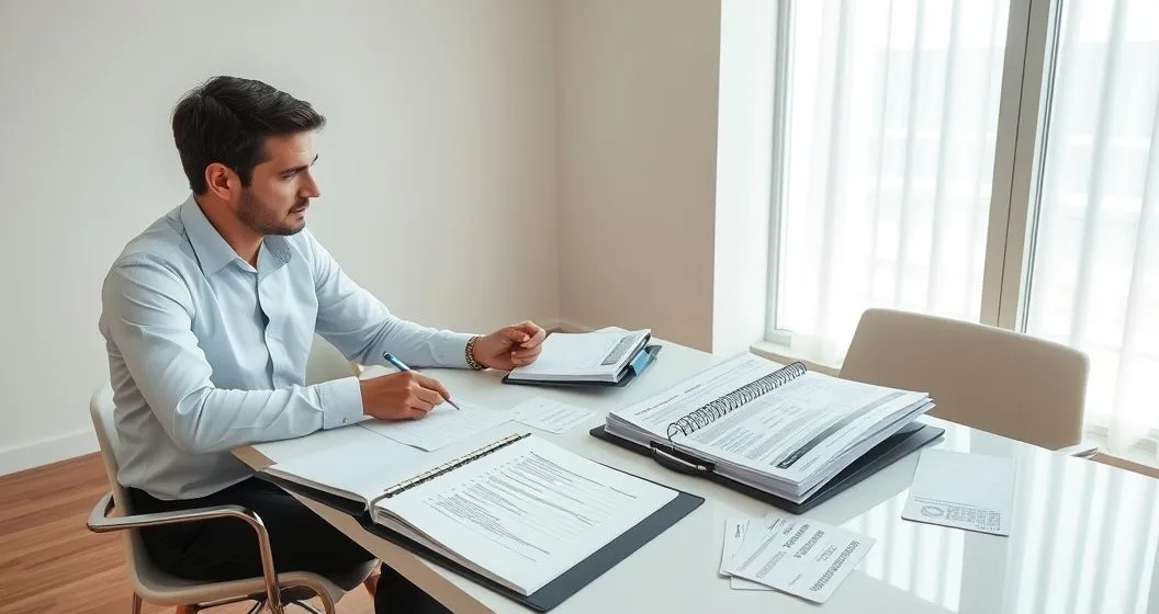 Tax professional and client review organized binder checklist with stacks of receipts bank statements and invoices on a conference table