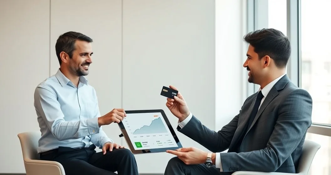 Primary account holder hands a credit card to a younger authorized user as a financial advisor points to a tablet showing an upward credit trend in a modern meeting room