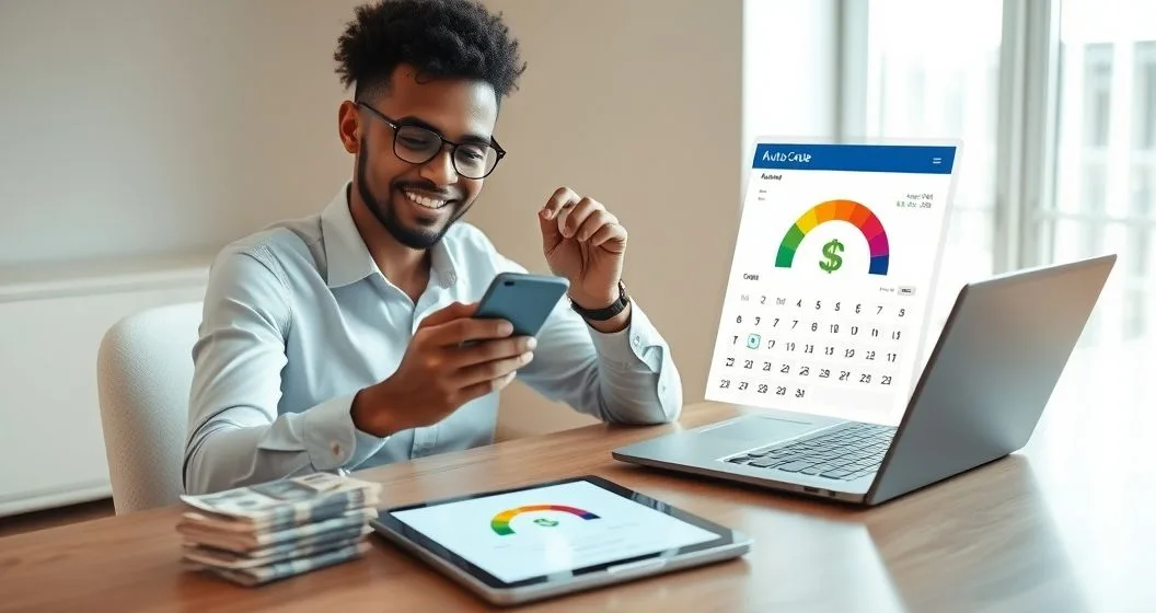 Person enabling auto pay on a smartphone at a clean office desk with a tablet displaying a rising credit score gauge and a calendar of on time payments