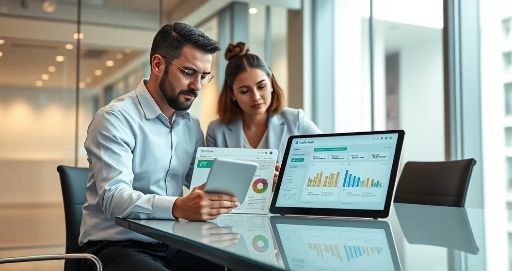 Loan officer and applicants examining a tablet showing an automated underwriting dashboard with decision indicators and key ratio charts in a modern office