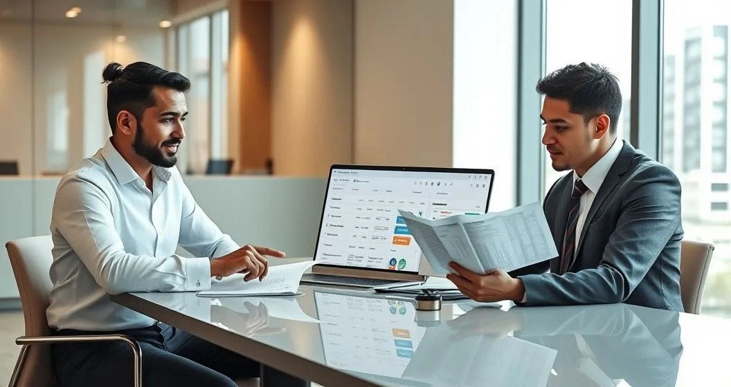 Loan officer and two clients reviewing an underwriting dashboard with flagged items on a laptop in a modern office