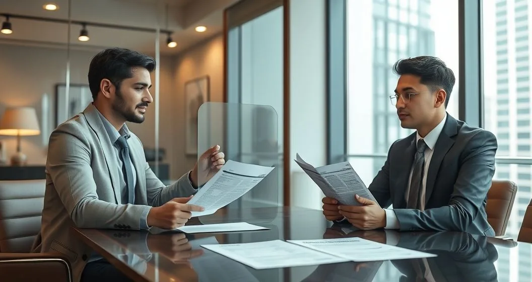 Lawyer places a translucent protective shield between a young borrower holding student loan bills and an employer stopping a wage garnishment in a modern conference room