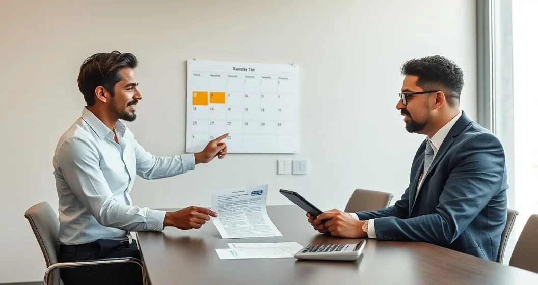 Financial advisor and client discussing quarterly estimated tax payments over a calendar and 1099 in a modern office