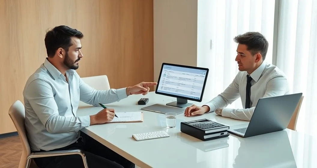 Two professionals at a small office table reviewing payroll on a laptop while taking notes and discussing schedules and classifications