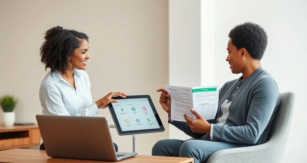 Financial counselor points to a tablet while advising a borrower on repayment options in a clean office setting