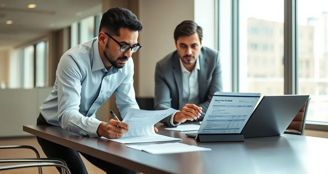 Loan officer and small business owner review financial statements and a tablet checklist in a modern office to identify documentation and credit gaps when preparing an SBA 7a application