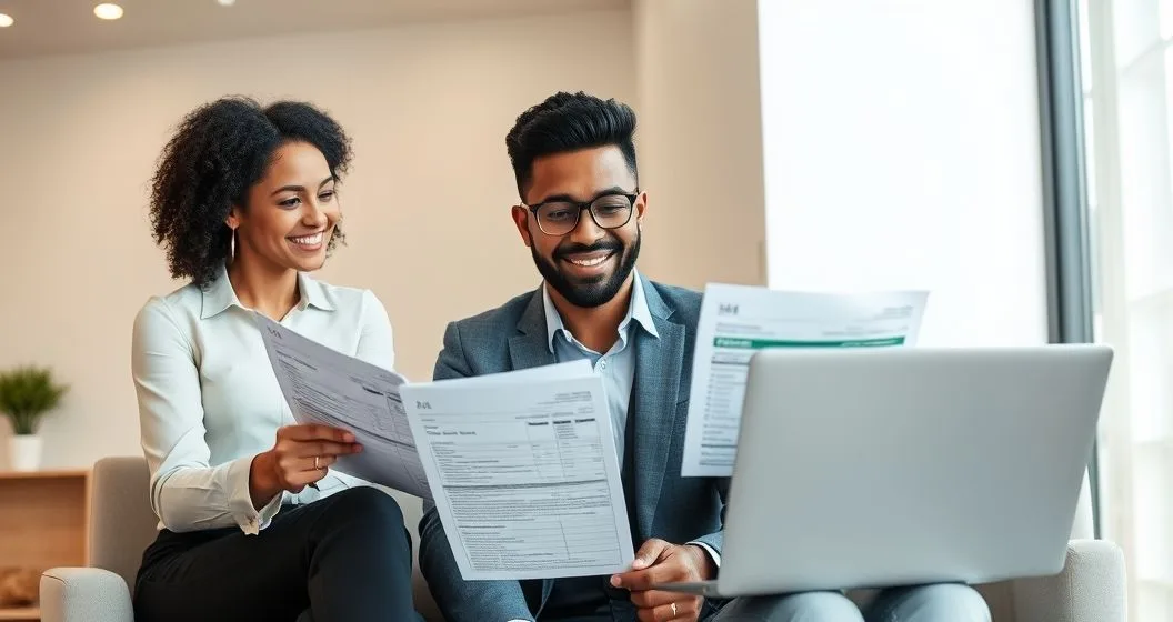 Tax advisor and client reviewing two pay stubs and a laptop withholding estimator while updating a Form W 4 in a modern office