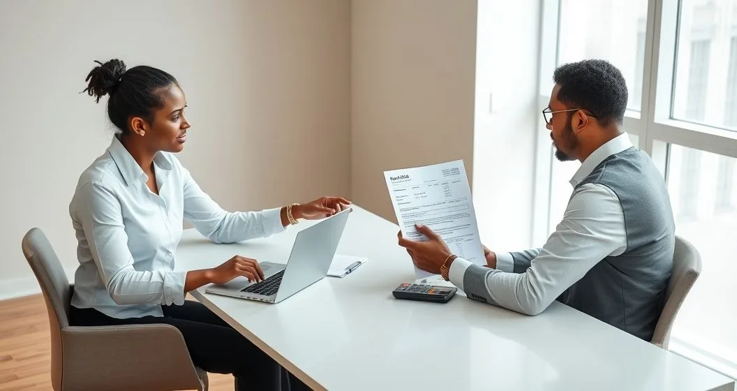 Tax advisor and client review a printed tax notice at a minimalist conference table with laptop and calculator. The advisor points to the document while the client takes notes.