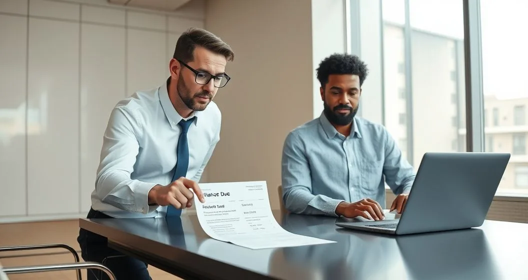 Tax advisor pointing to a balance due notice while client reviews calculation on a laptop in a modern office
