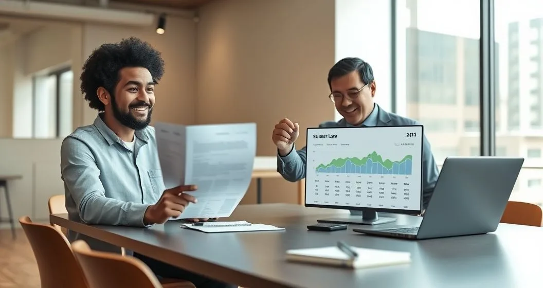 Entrepreneur and financial advisor at a modern coworking table reviewing cash flow charts on a laptop while the entrepreneur holds a blurred student loan statement and a small product prototype sits on the table.